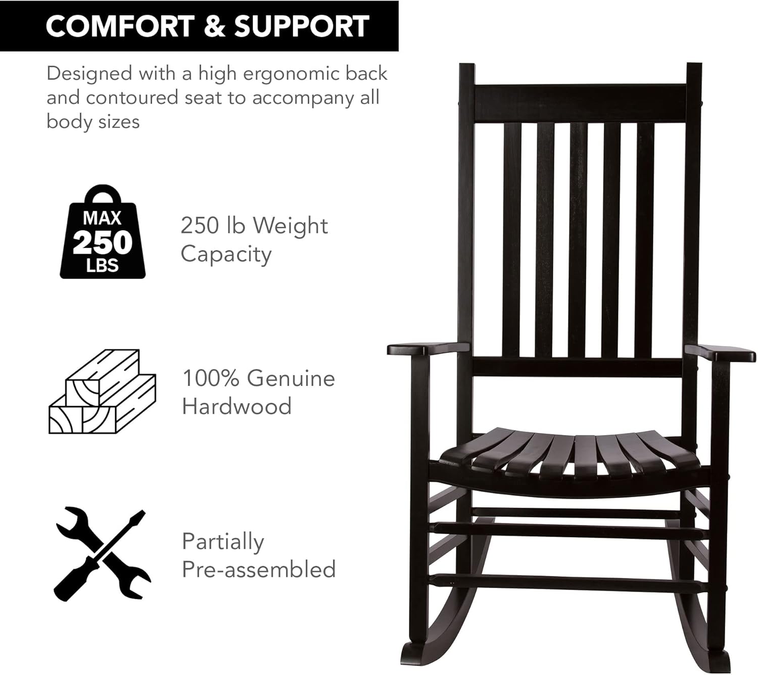 Shine Company - Silla mecedora estilo Vermont, color negro