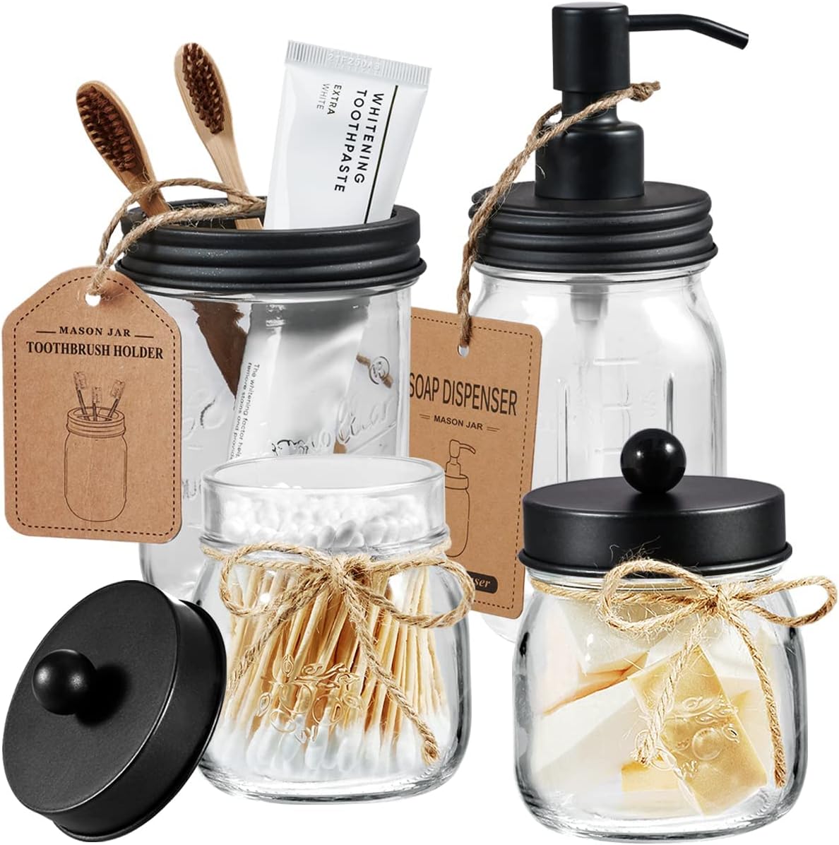Amolliar Mason Jar - Juego de accesorios de baño de 4 piezas, dispensador de...