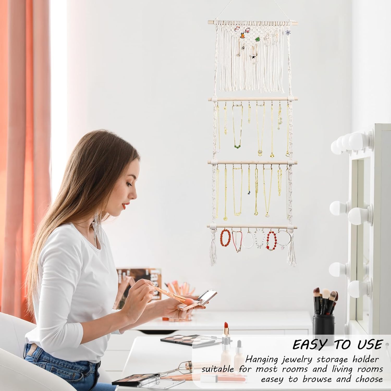 Organizador colgante de joyas, colgador de collar de macramé bohemio montado en