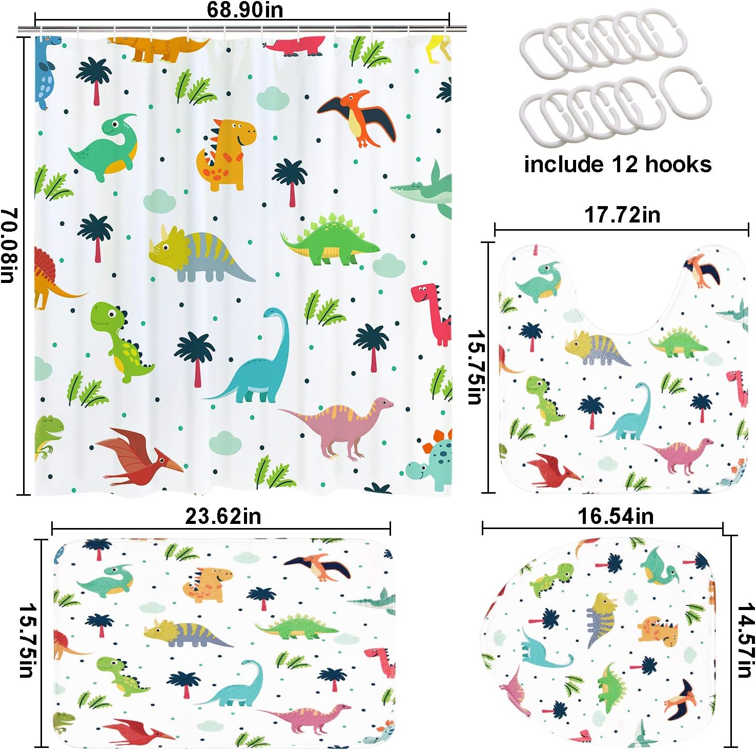 Ikfashoni Juego de 4 cortinas de ducha de dinosaurio de dibujos animados con...