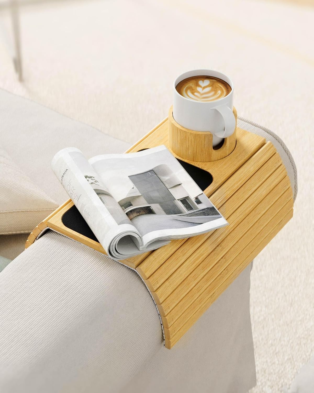 Soporte para taza de sofá, bandeja para brazo de sofá con soporte giratorio de...