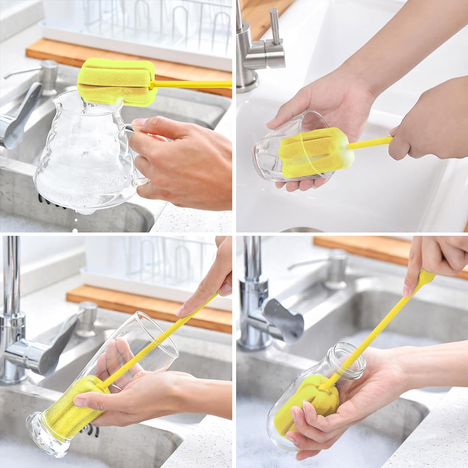 Cepillo de limpieza de botellas de esponja suave amarillo con mango de