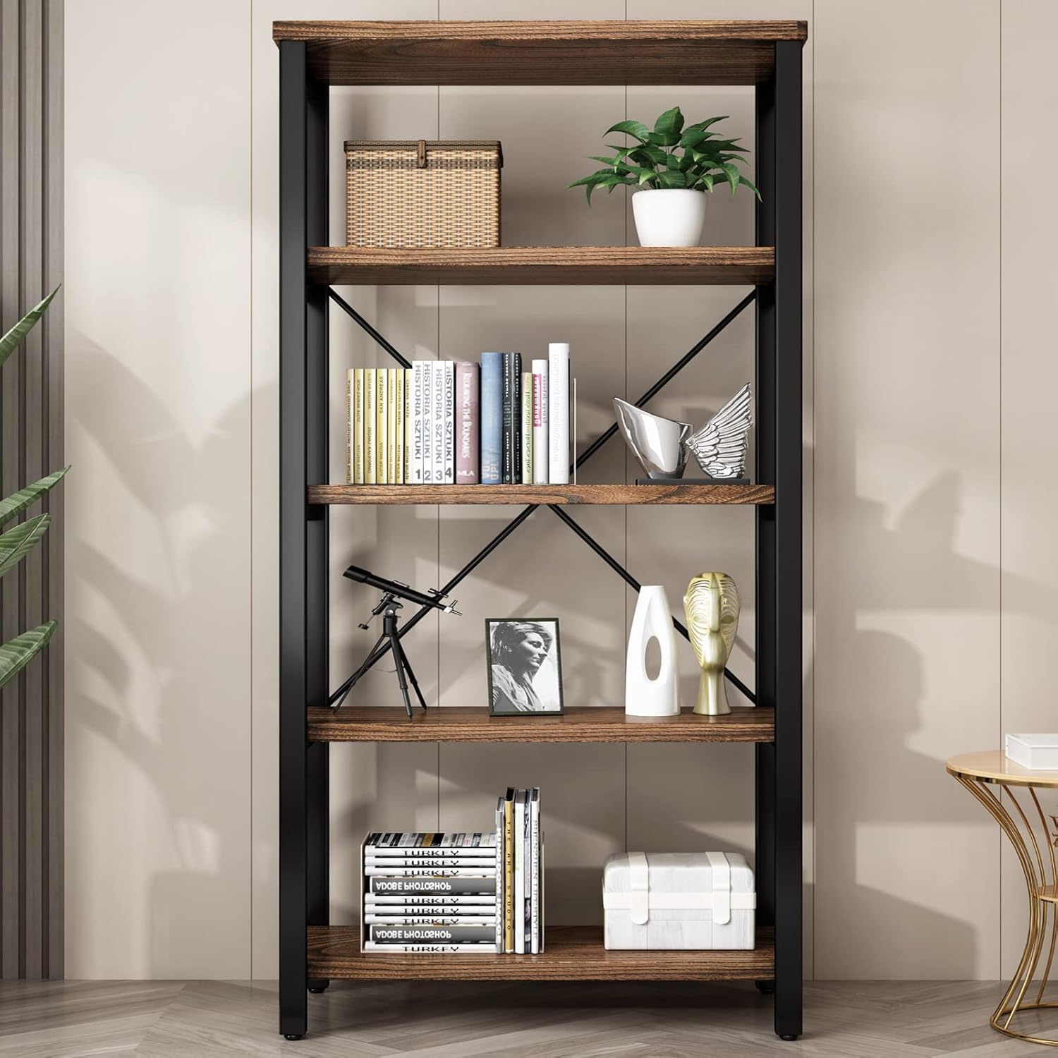 Estantería industrial de madera maciza de 5 niveles, estantería abierta con...