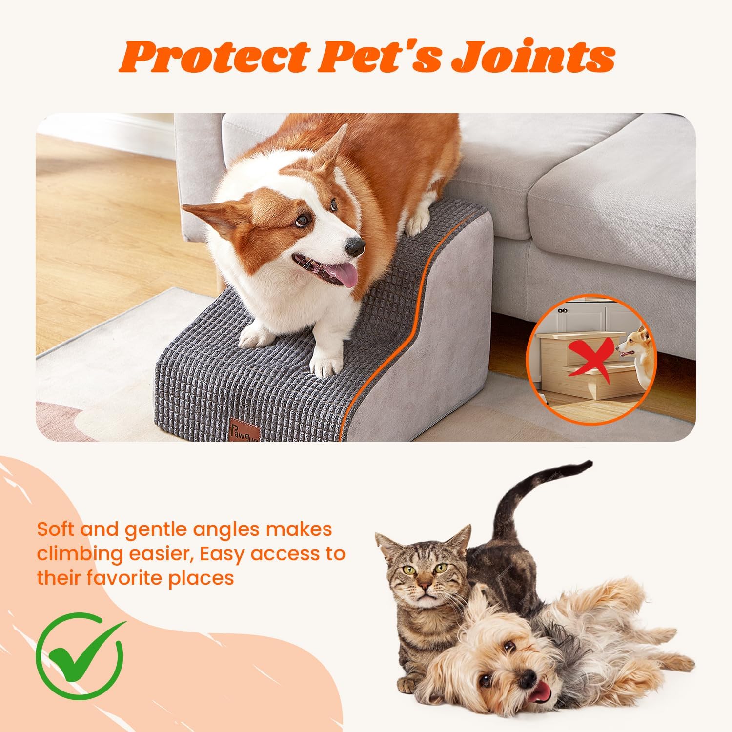Pawque Escaleras grises para perros de 2 peldaños para cama alta, escalones...