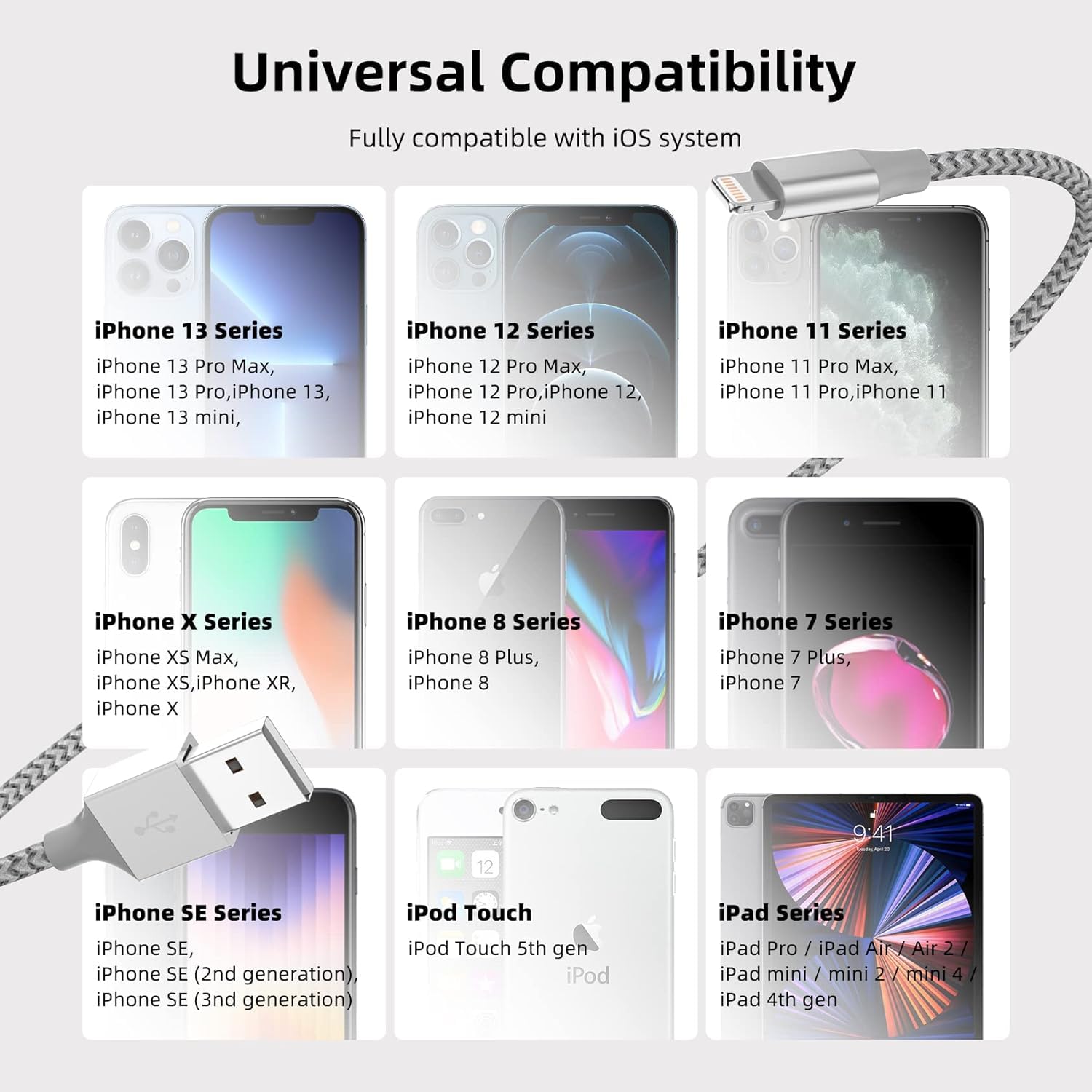 Paquete de 3 cargadores para iPhone, cable trenzado de nailon Lightning de 10...