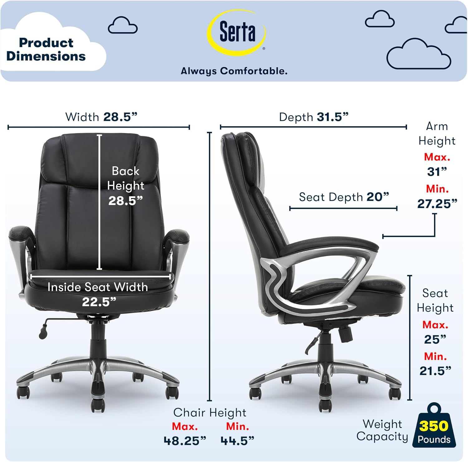 Serta - Silla ejecutiva de piel sintética, color negro