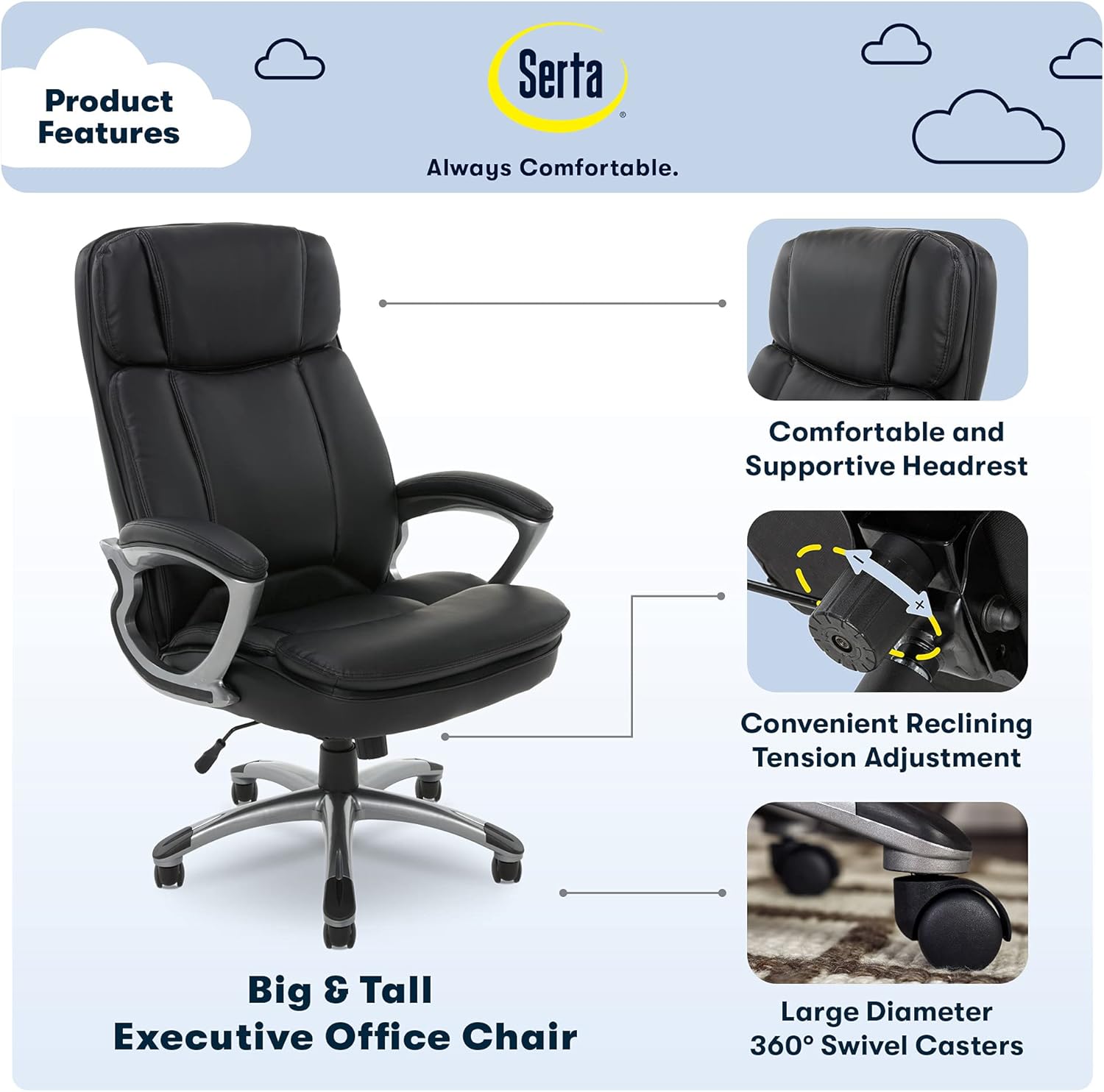 Serta - Silla ejecutiva de piel sintética, color negro