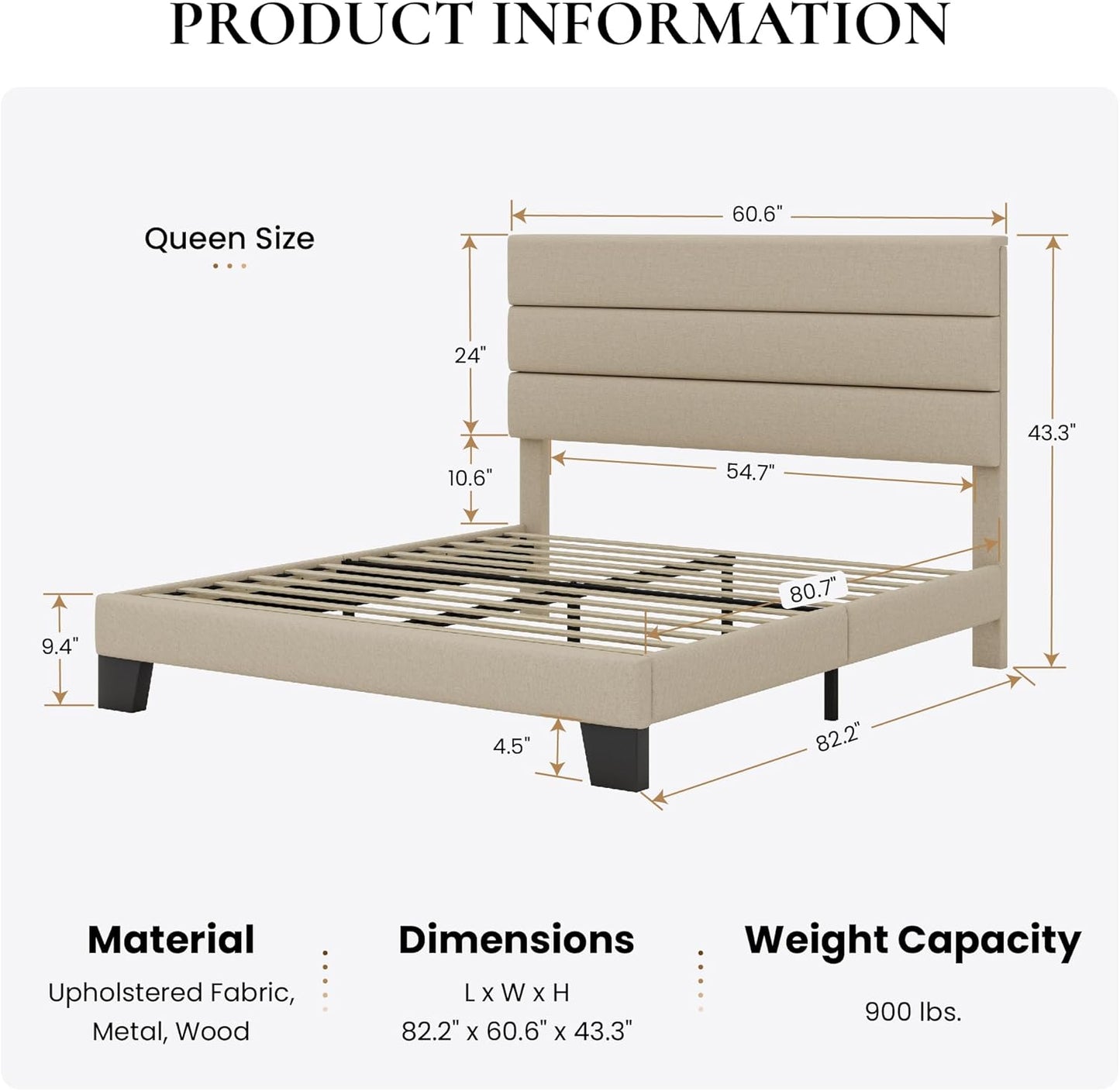 SHA CERLIN Base de cama de plataforma Queen con cabecera de tela tapizada, base...