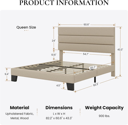 SHA CERLIN Base de cama de plataforma Queen con cabecera de tela tapizada, base...