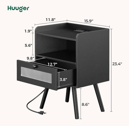 Huuger Juego de 2 mesitas de noche con estación de carga y tiras de luz LED,...