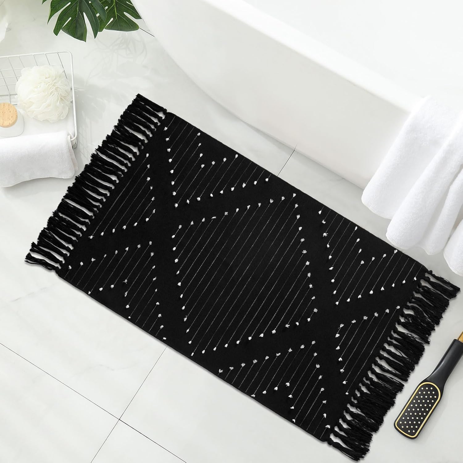 MitoVilla Alfombra de baño bohemia negra de 2 x 3 pies, alfombra de cocina...