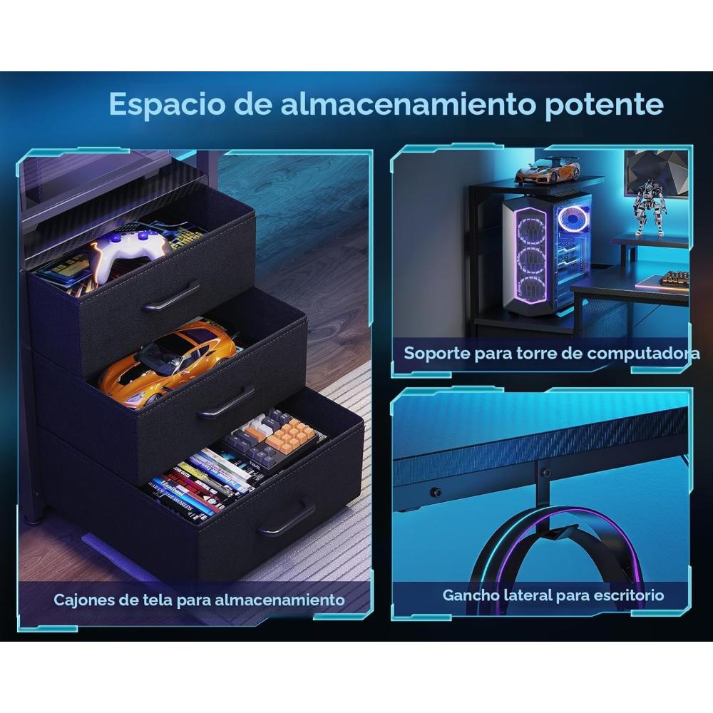 Escritorio Gamer Reversible AODK, Con Luz Led Y Puertos De Carga USB, Con Estantes De Almacenamiento Y Soporte Para Monitor