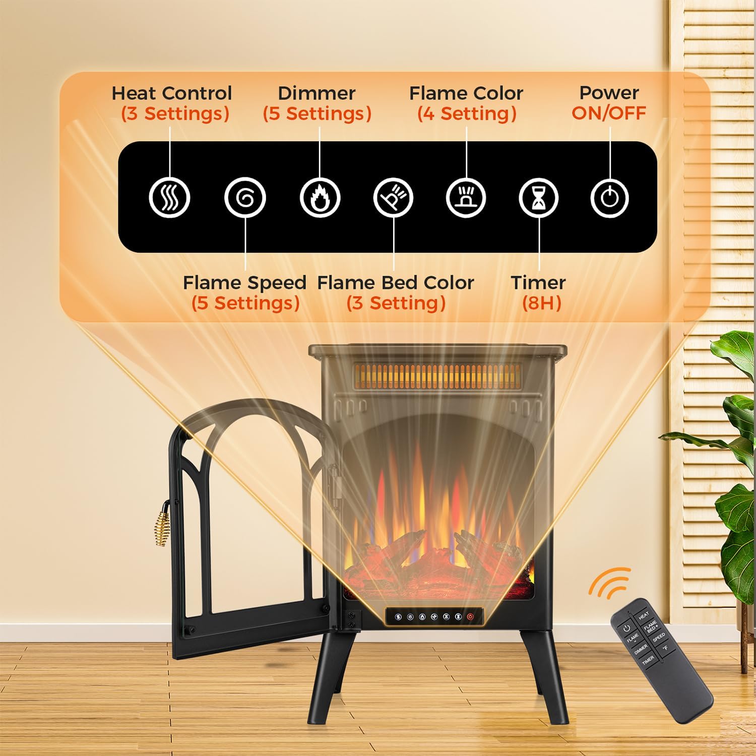 Joy Pebble Estufa de chimenea eléctrica, calentamiento rápido 3s de 1500 W,...