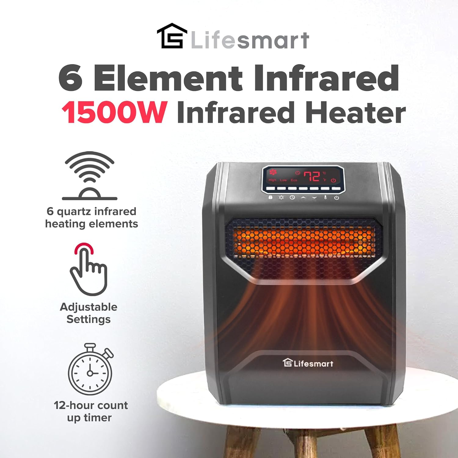 LifeSmart Calentador infrarrojo de 1500 vatios con control remoto y pantalla...