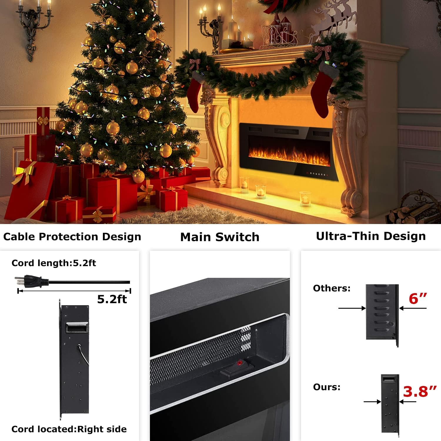 Vitesse Chimenea eléctrica ultrafina de 50 pulgadas en la pared empotrada y...