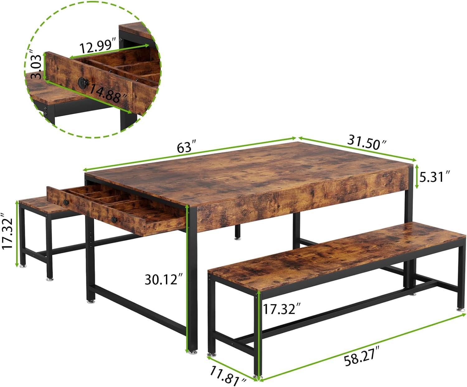 63" Dining Table Set for 4-6, 3-Piece Kitchen Table with 2 Utensil Drawers, 2