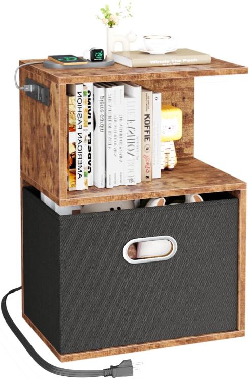 Mesita de noche S con estación de carga Furologee, de madera con 3 niveles y con cajón de almacenamiento