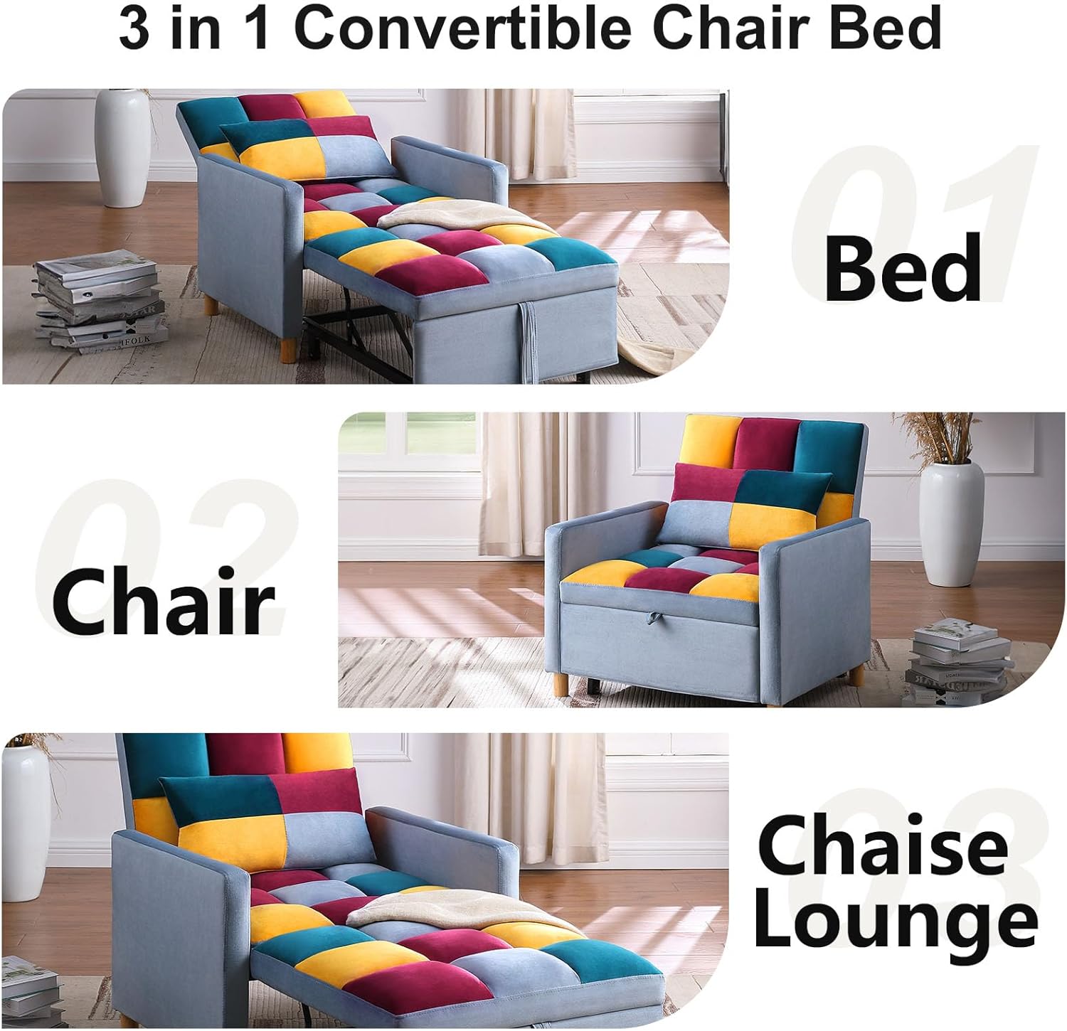Sofá cama convertible 3 en 1, silla reclinable de tela de terciopelo para...