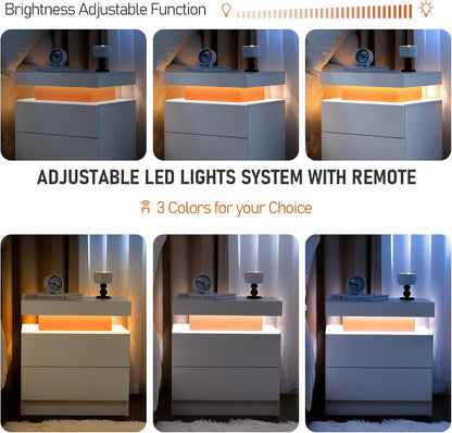Juego de 2 mesas auxiliares LED, moderna mesita de noche con 3 luces LED y 2