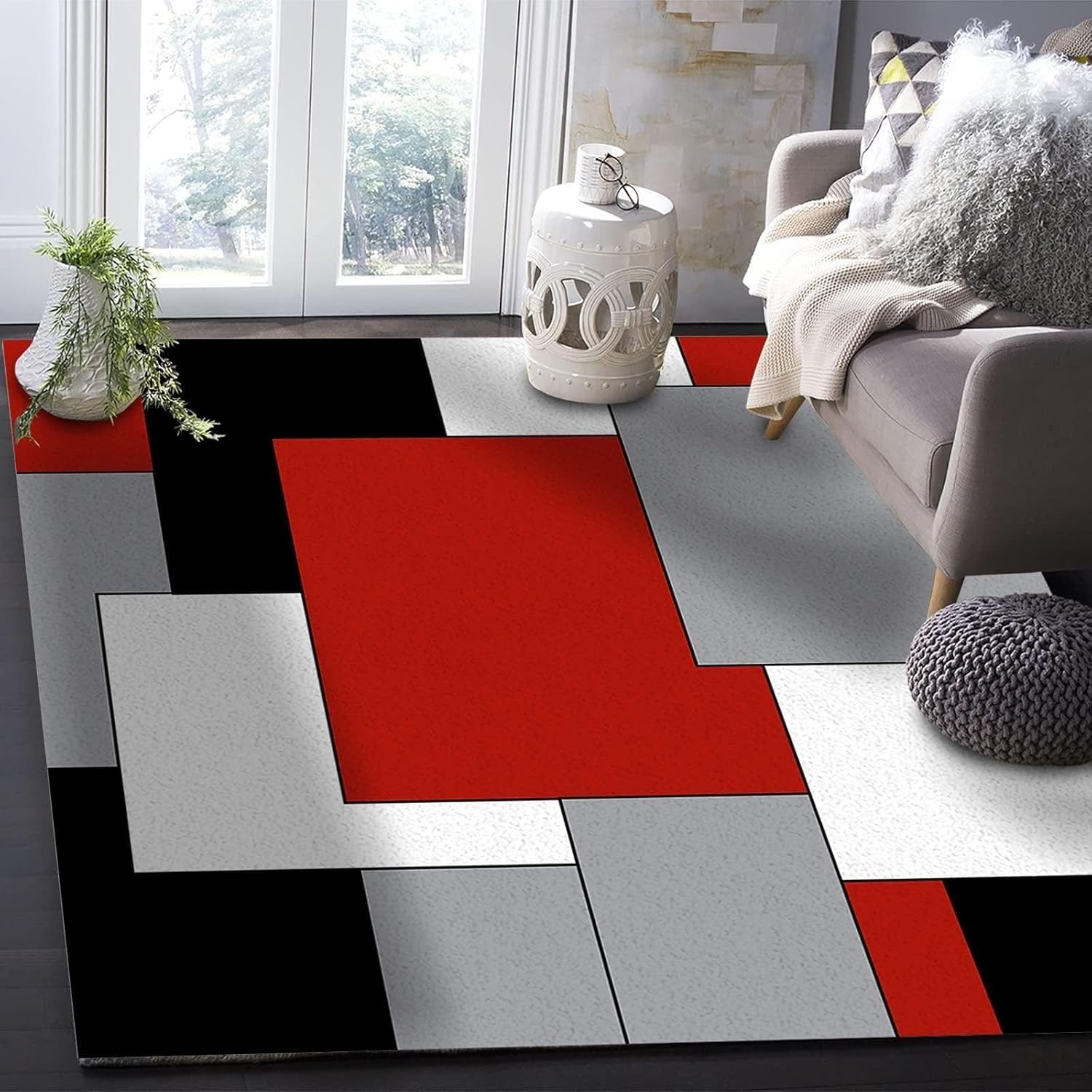 Alfombra de área geométrica con costuras rojas, negras y grises, alfombra...
