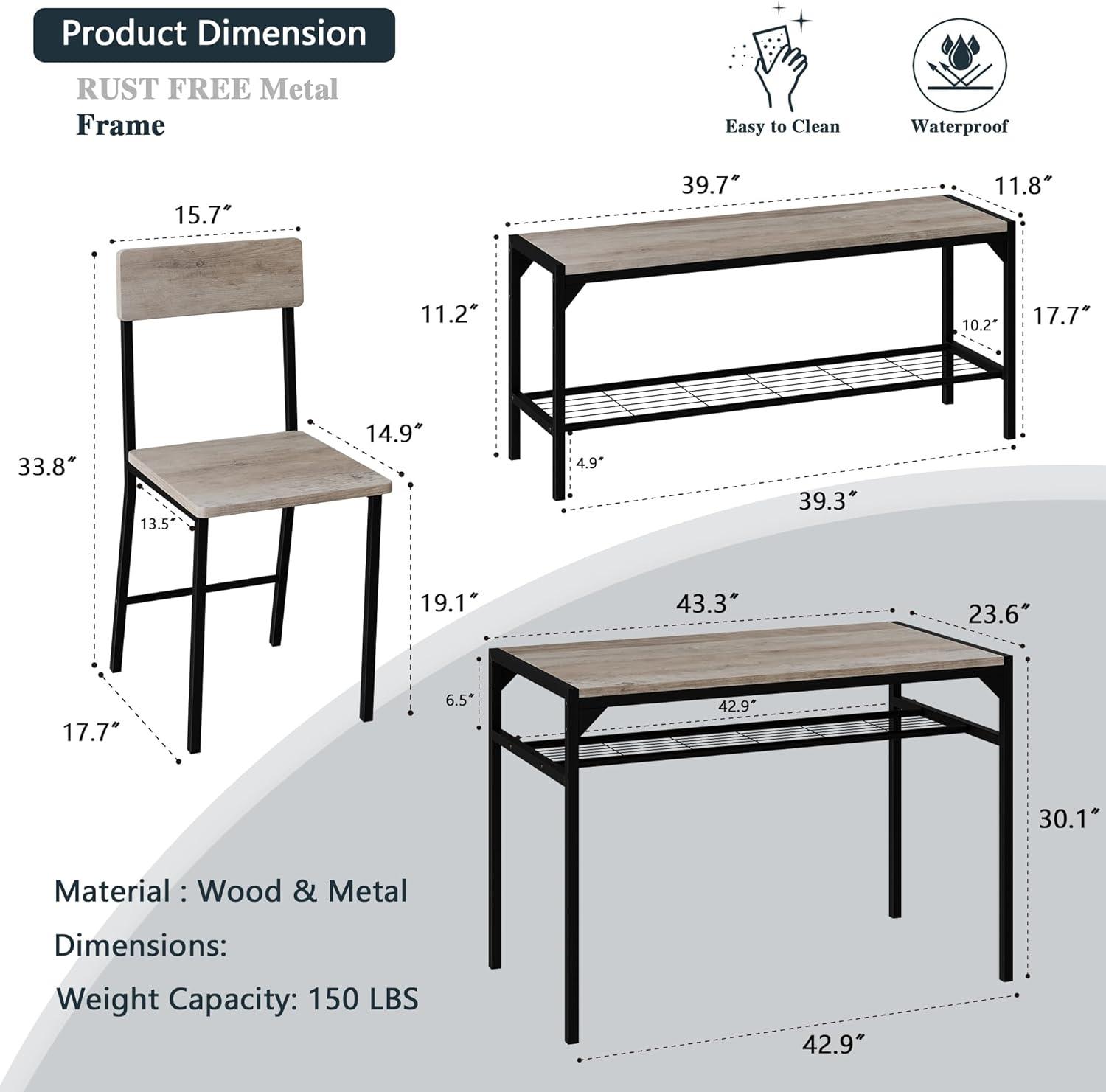 Mesa de comedor para 4 personas con 2 sillas y un banco de almacenamiento,