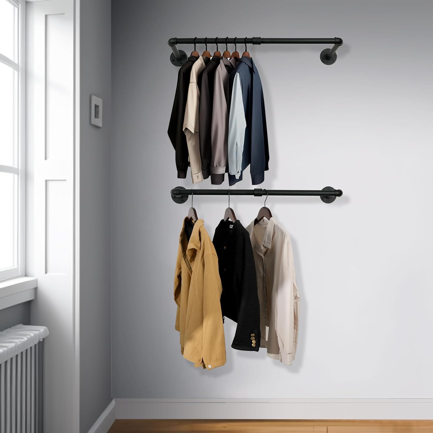 Perchero de montaje en pared, 24 pulgadas, tubo industrial para colgar ropa,