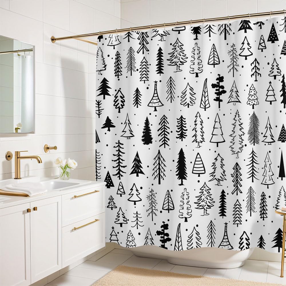 Cortina de ducha para árbol de Navidad, color blanco y negro, juego de cortinas...