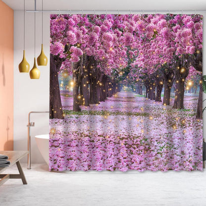 Cortina de ducha de baño rosa con diseño de cerezo de cerezo, selva,