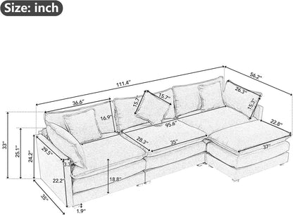 Sofá modular de 112.2 pulgadas para sala de estar, cómodo sofá nube de felpilla...