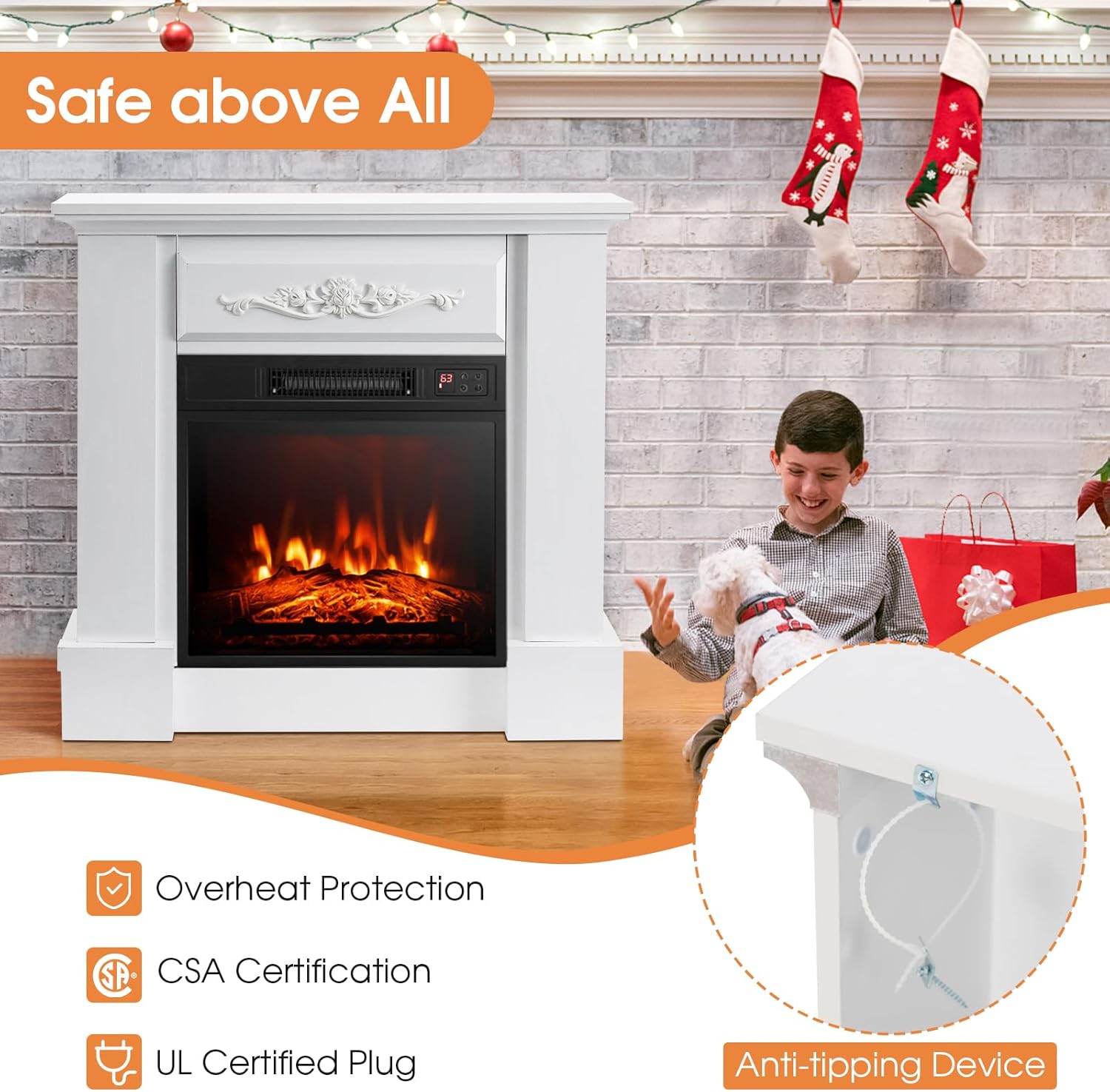 S AFSTAR Chimenea eléctrica con chimenea, calentador de chimenea de 1400 W y 32...