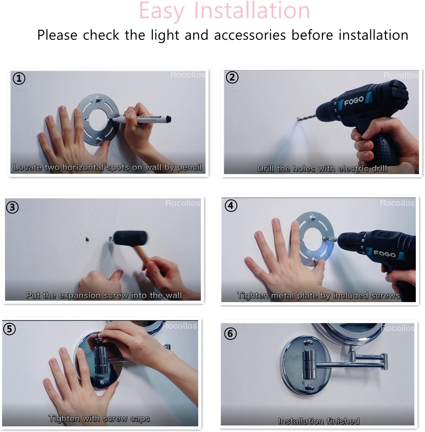 Espejo de maquillaje iluminado de pared recargable cromado, espejo de tocador...