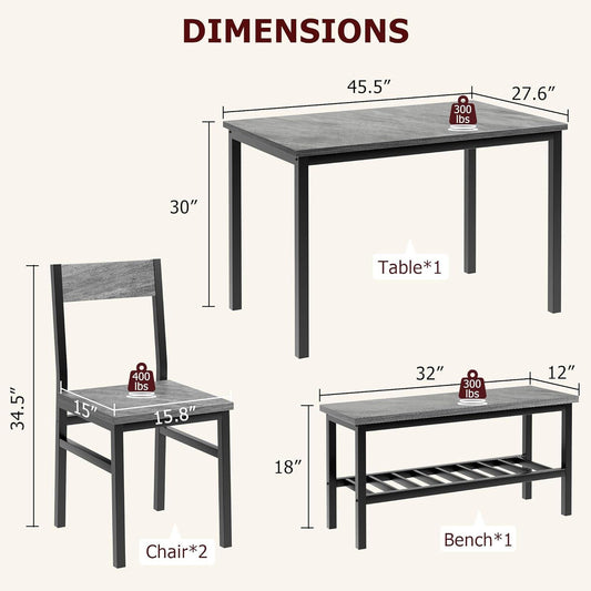 IDEALHOUSE Juego de mesa de comedor para 4, mesa de cocina con 2 sillas, banco