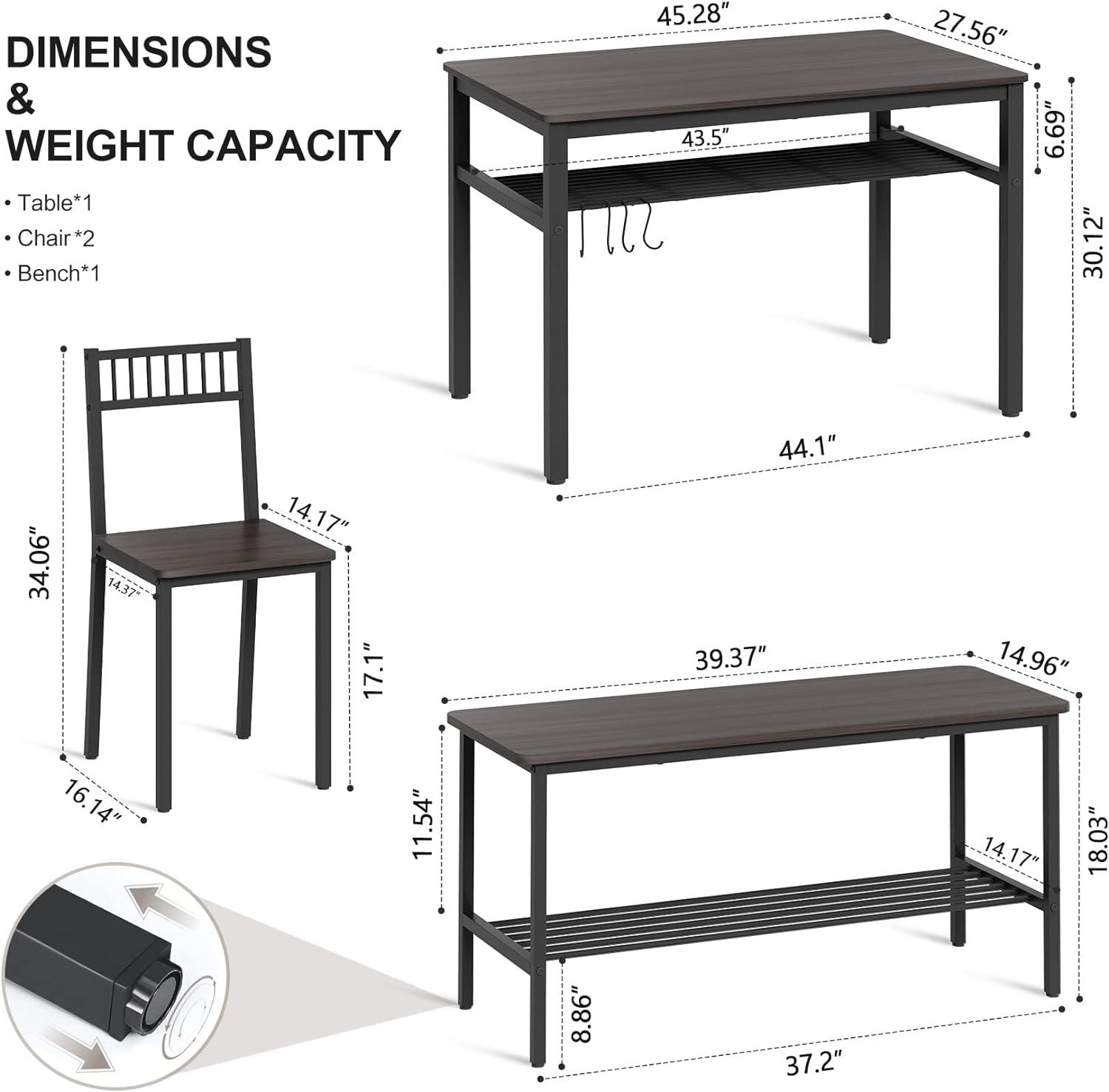 Juego de mesa de comedor para 4, mesa de cocina con 2 sillas y 1 banco, juego