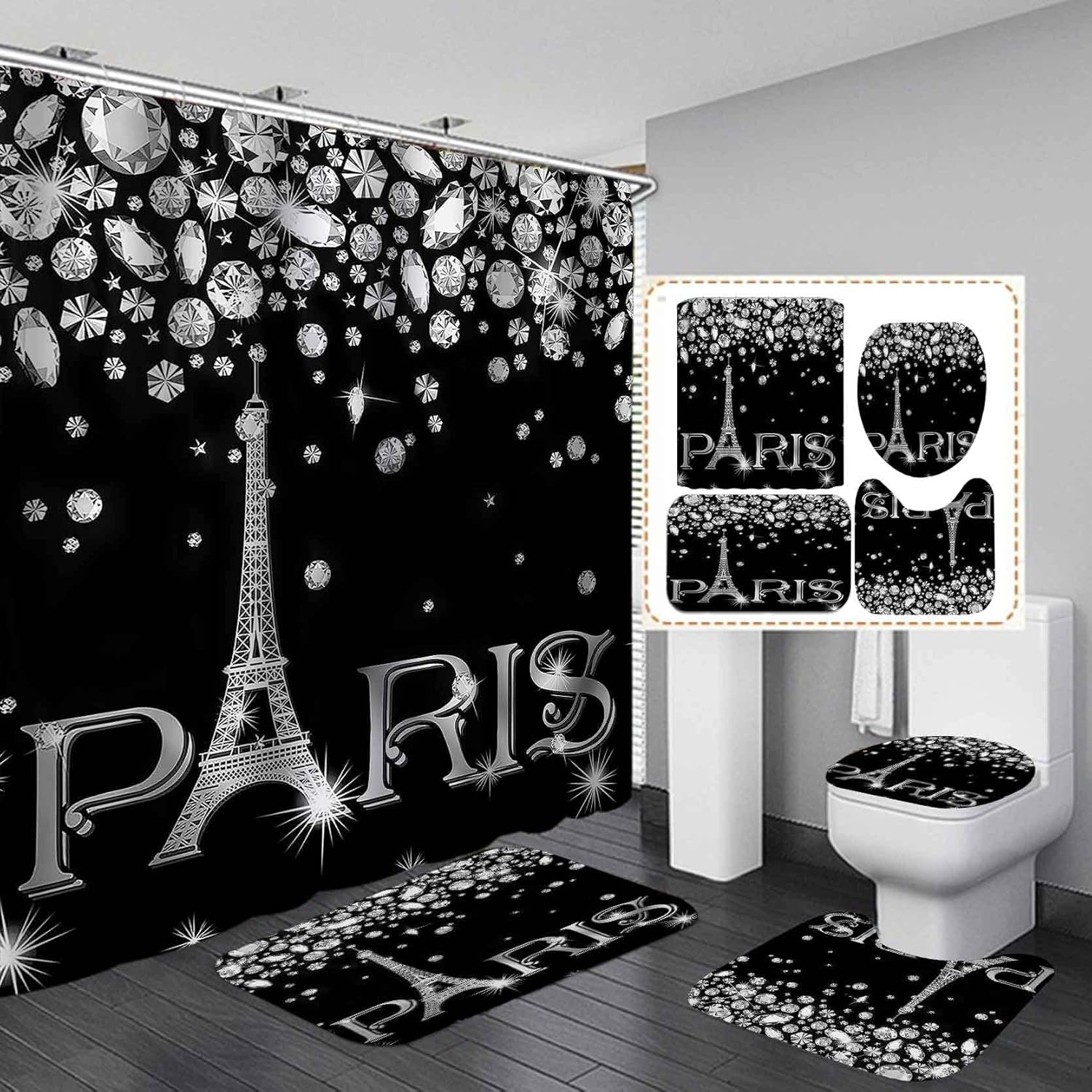 Juego de 4 cortinas de ducha con diseño de torre Eiffel, decoración de baño con...