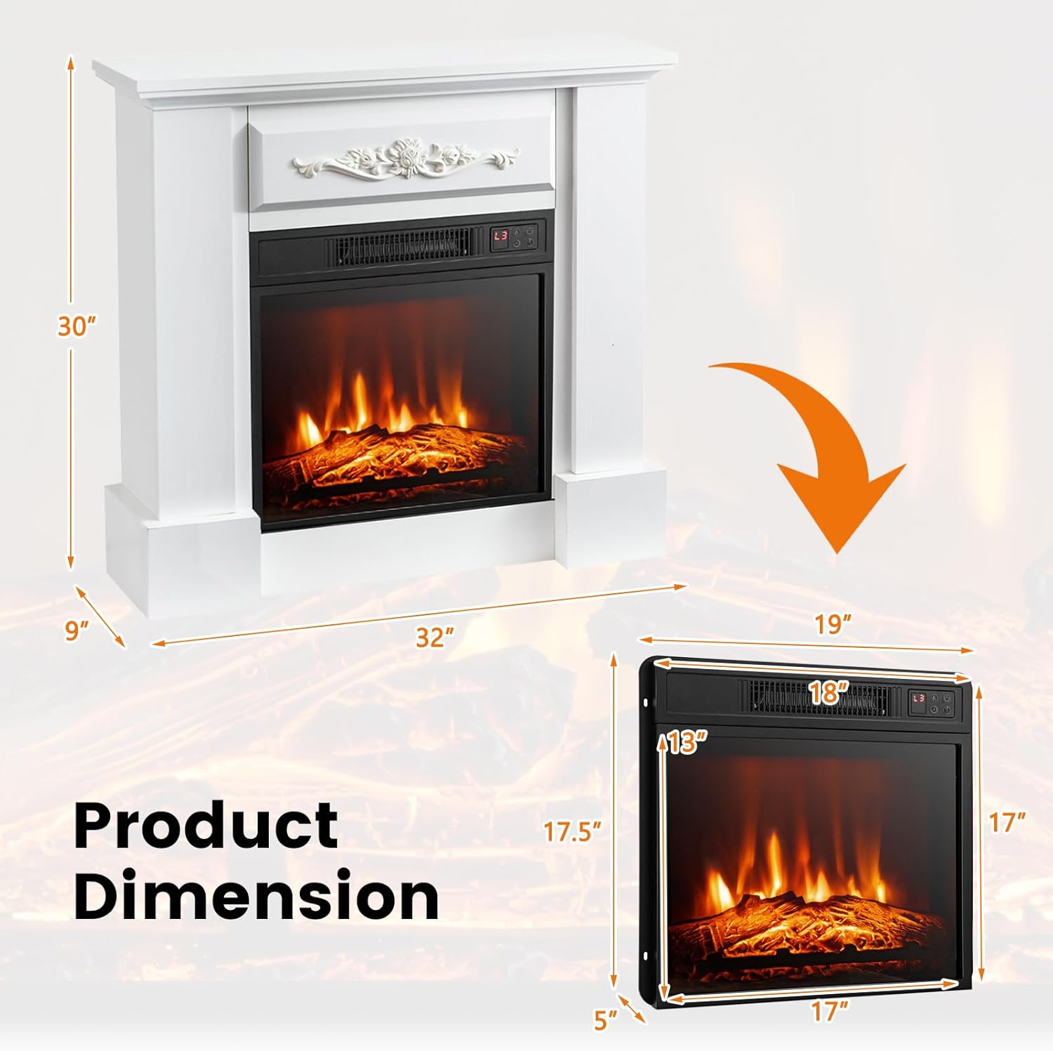 S AFSTAR Chimenea eléctrica con chimenea, calentador de chimenea de 1400 W y 32...