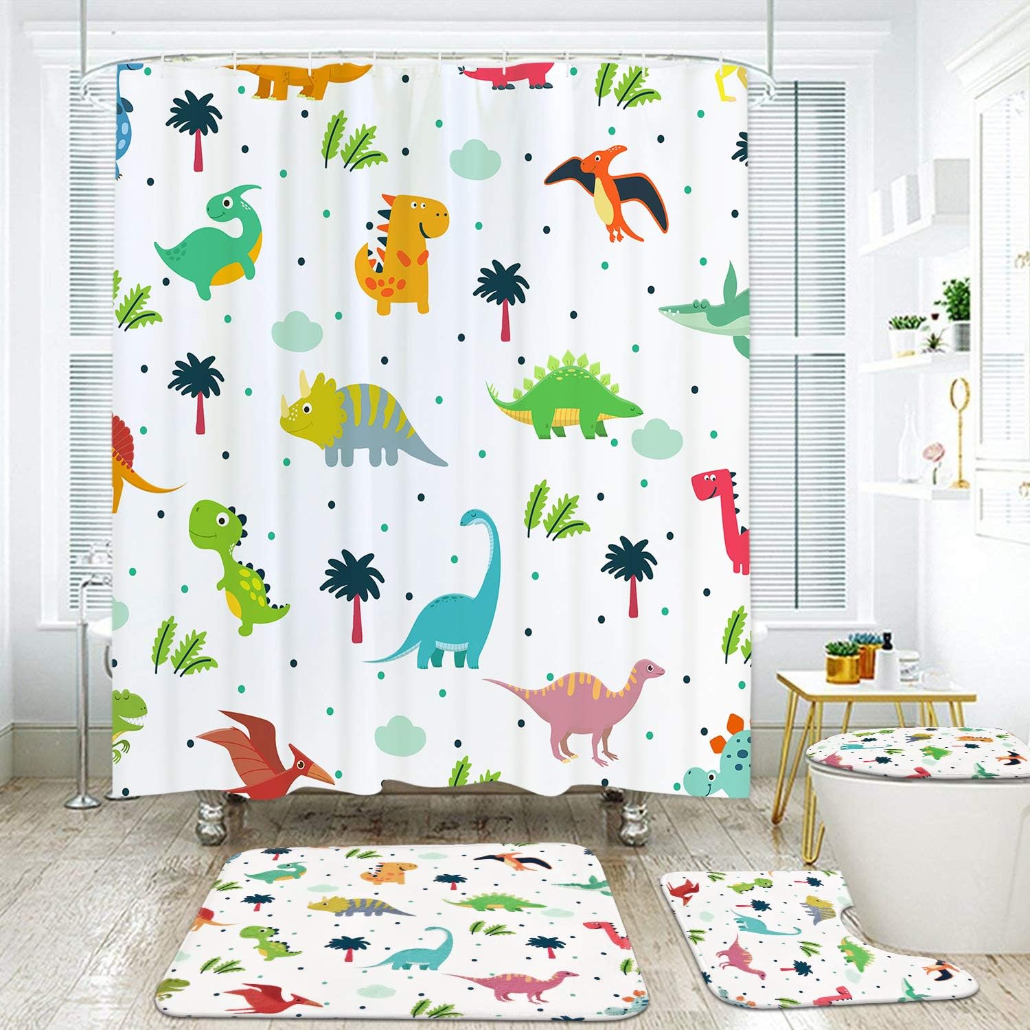 Ikfashoni Juego de 4 cortinas de ducha de dinosaurio de dibujos animados con...