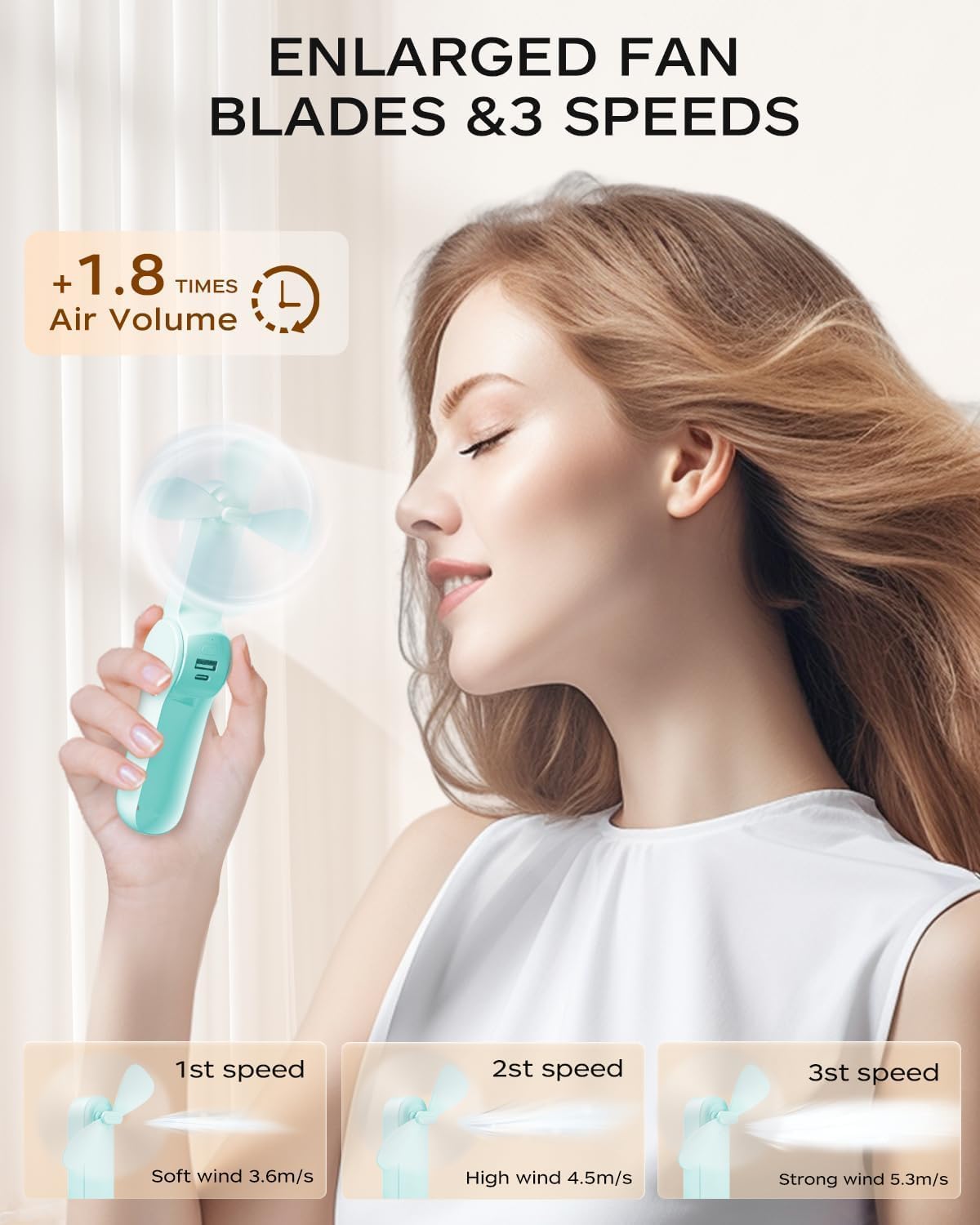 FrSara Ventilador de mano portátil recargable, batería de 2200 mAh con banco de...
