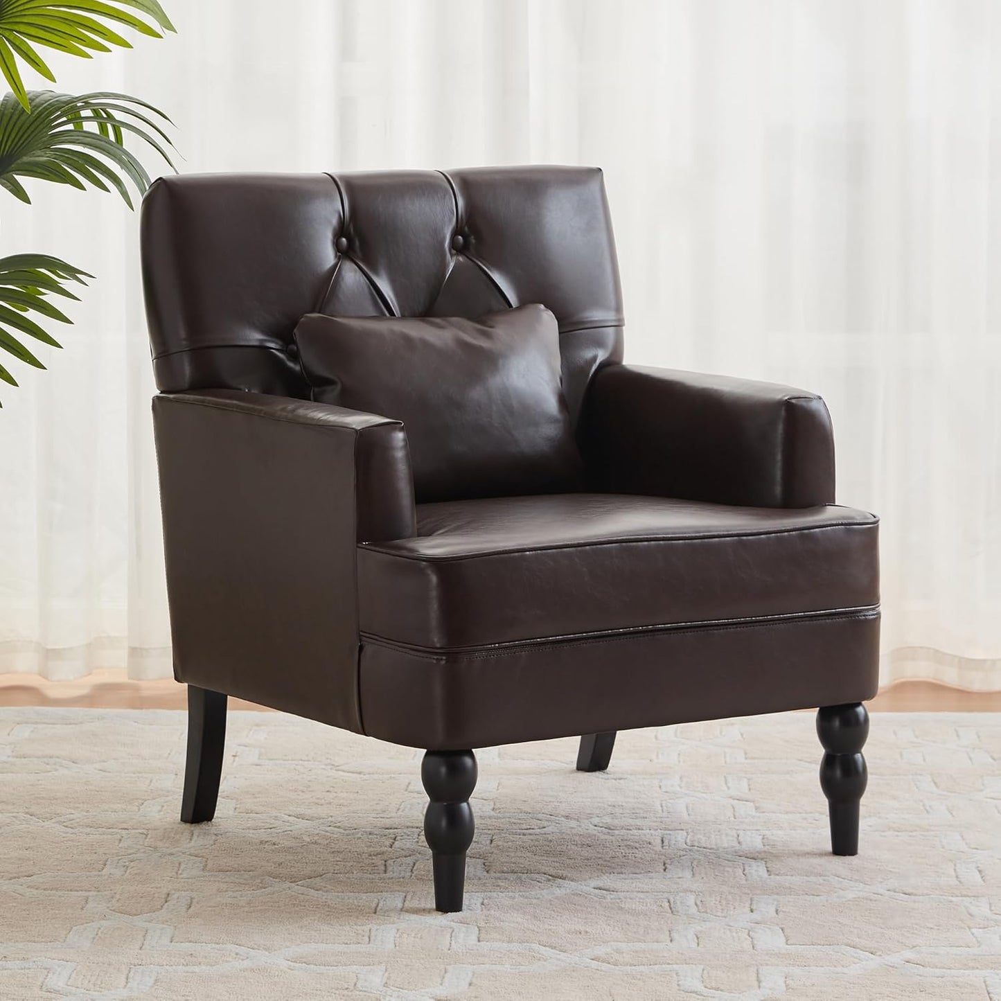 PULiving Silla de club de cuero, silla decorativa con almohada lumbar, sillón