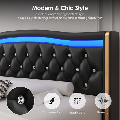 Base de cama con plataforma LED inteligente con 4 cajones de almacenamiento,