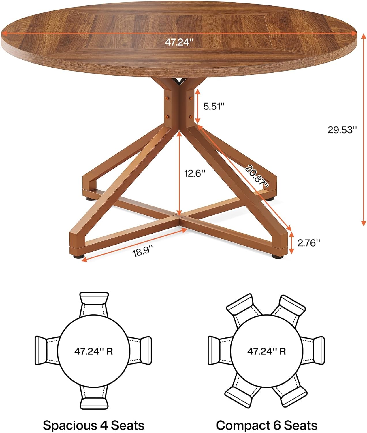 Mesa de comedor redonda para 4-6 personas, mesa de cocina circular de 47