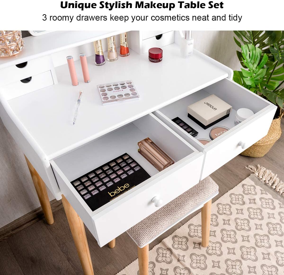 CHARMAID Juego de tocador de maquillaje con 6 cajones, tocador con taburete...