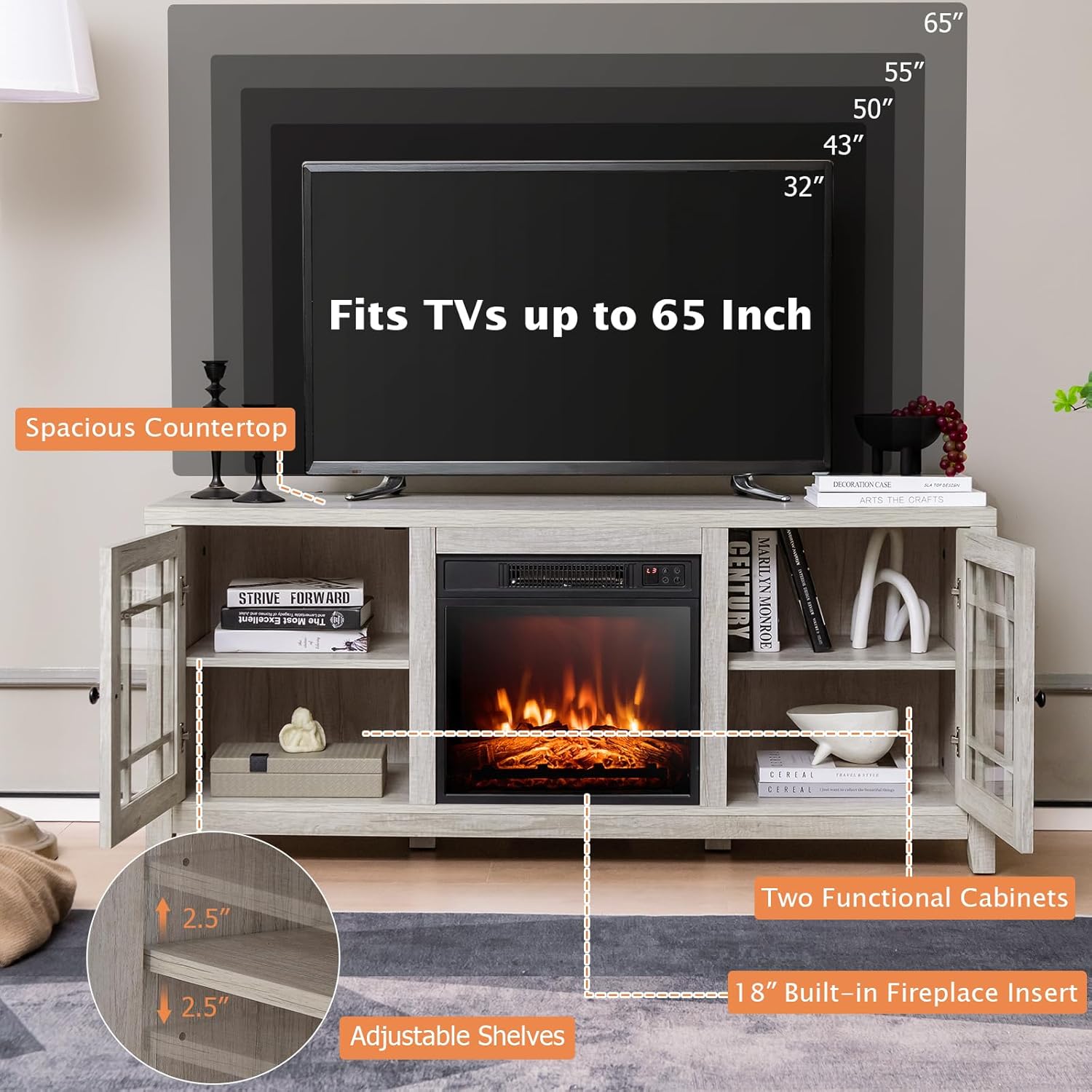 GOFLAME Soporte de TV con chimenea de 58 pulgadas para televisores de hasta 65...