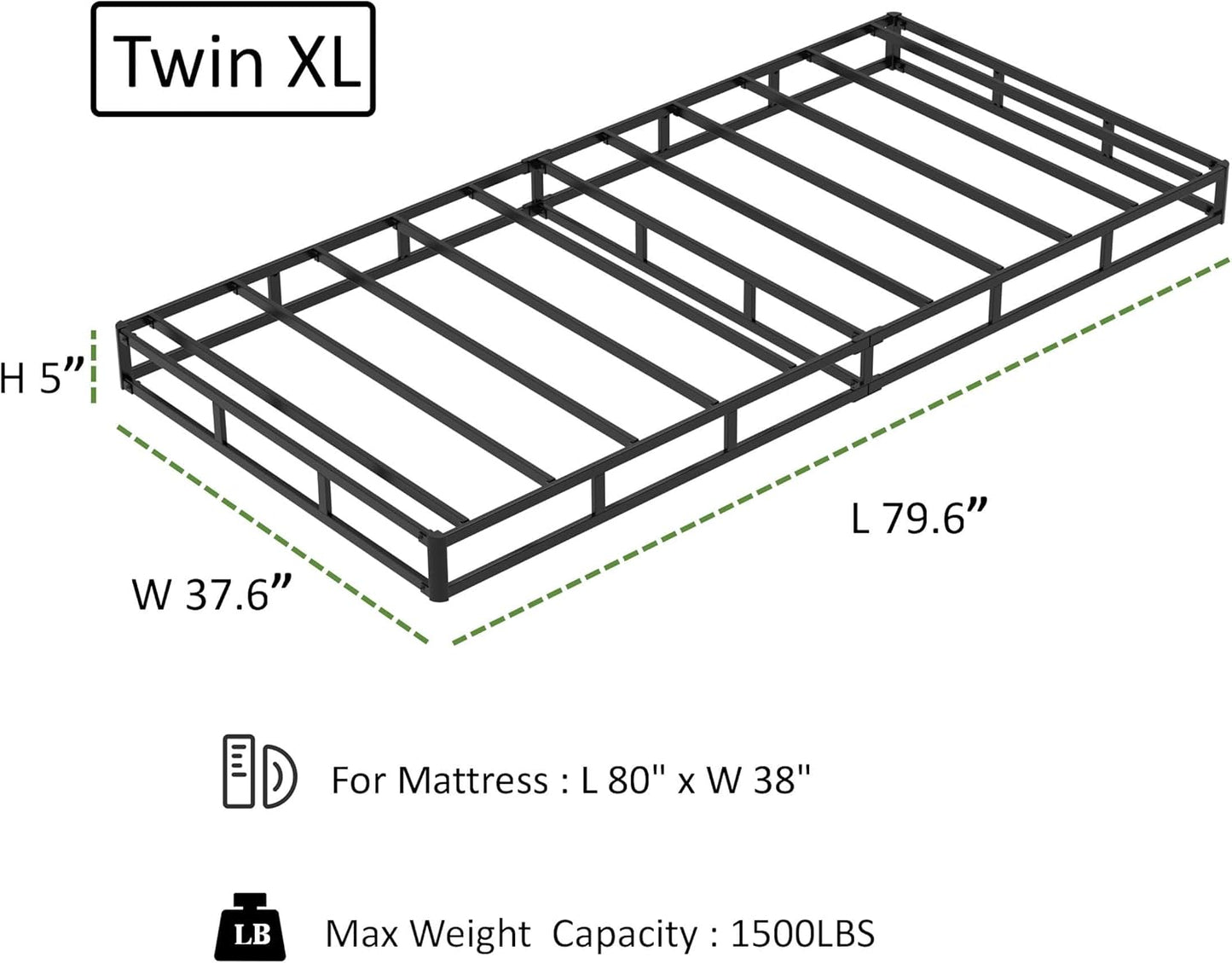 Base de cama con somier individual XL de 5 pulgadas, base de colchón de metal