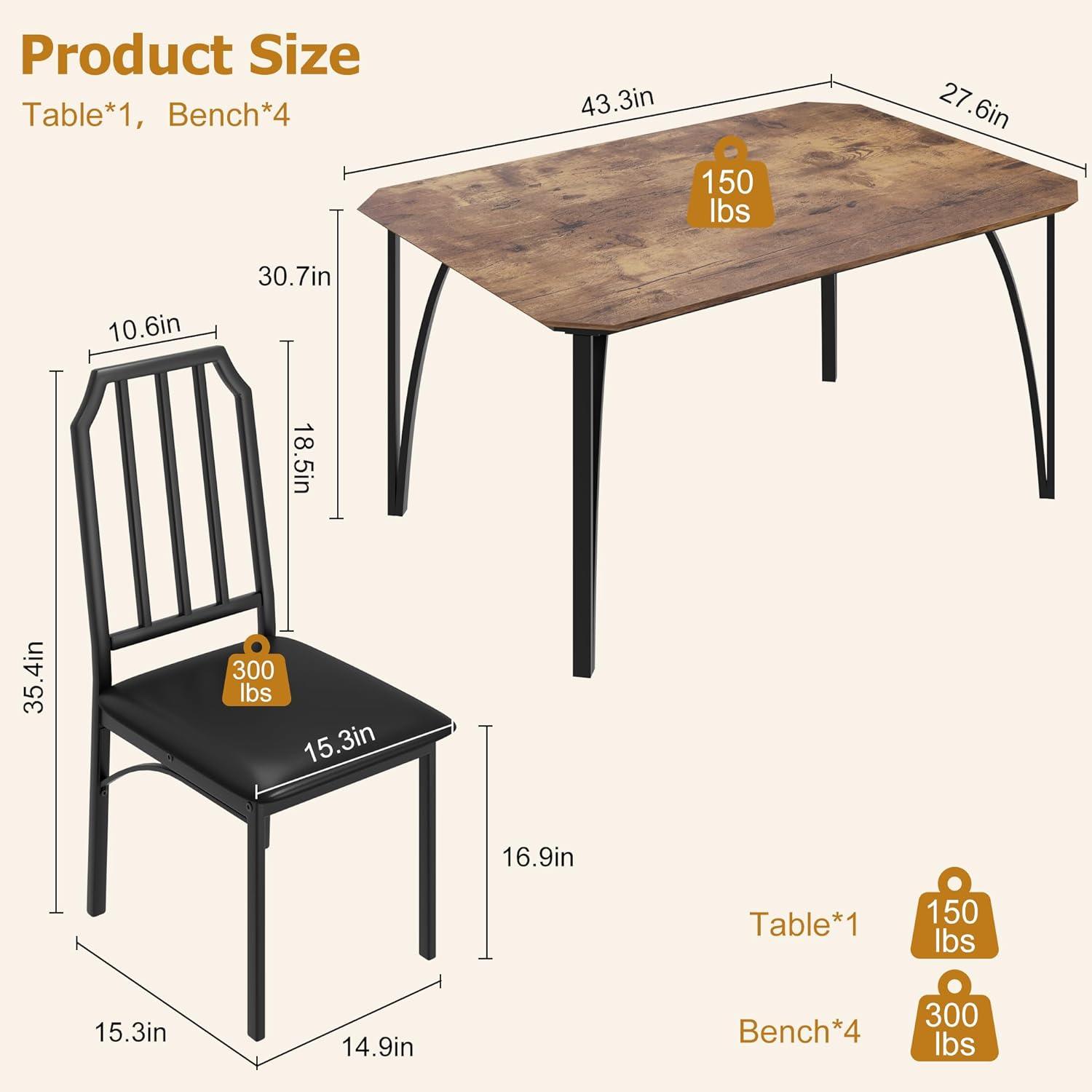 Juego de mesa de comedor para 4, mesa de cocina y sillas para 4 con diseño de