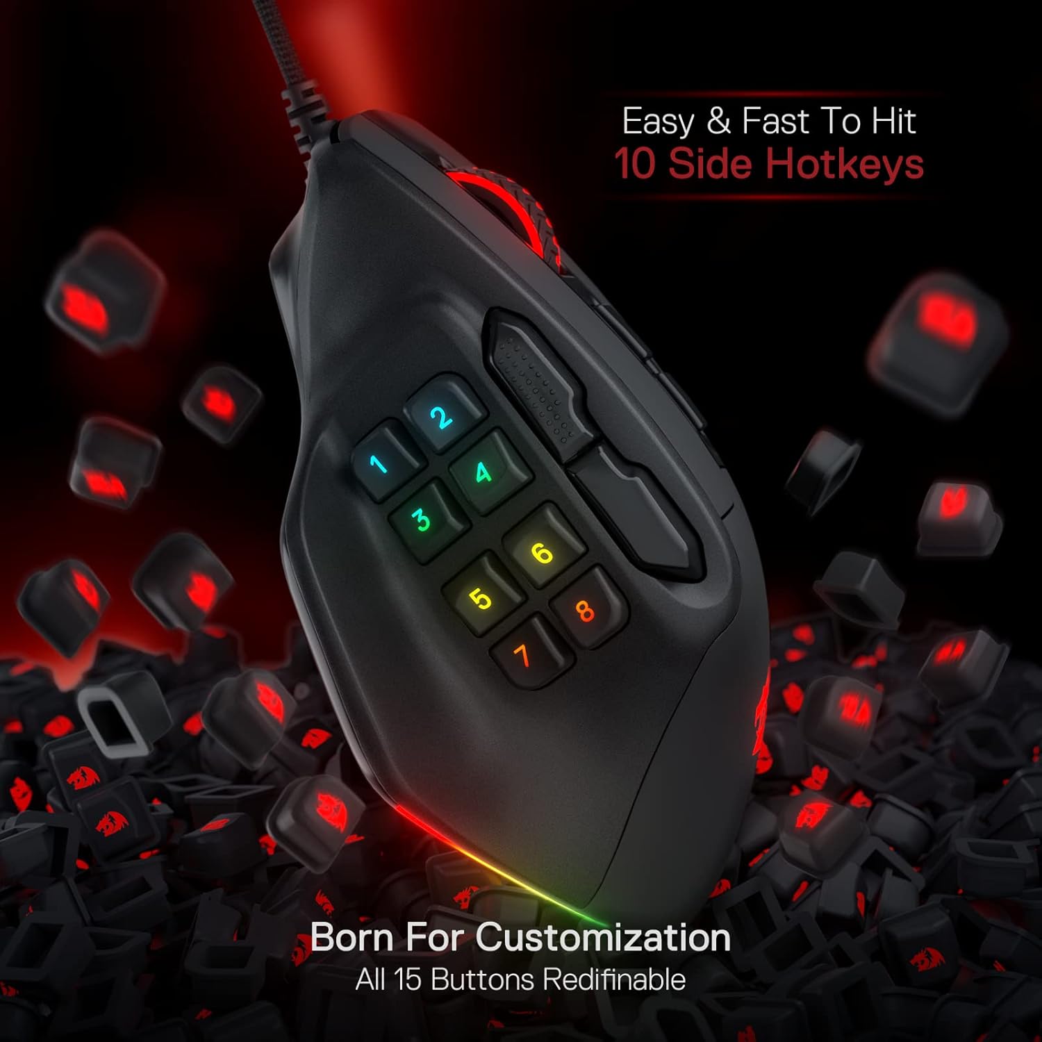 Redragon M811 Aatrox MMO Mouse para juegos, 15 botones programables con cable...