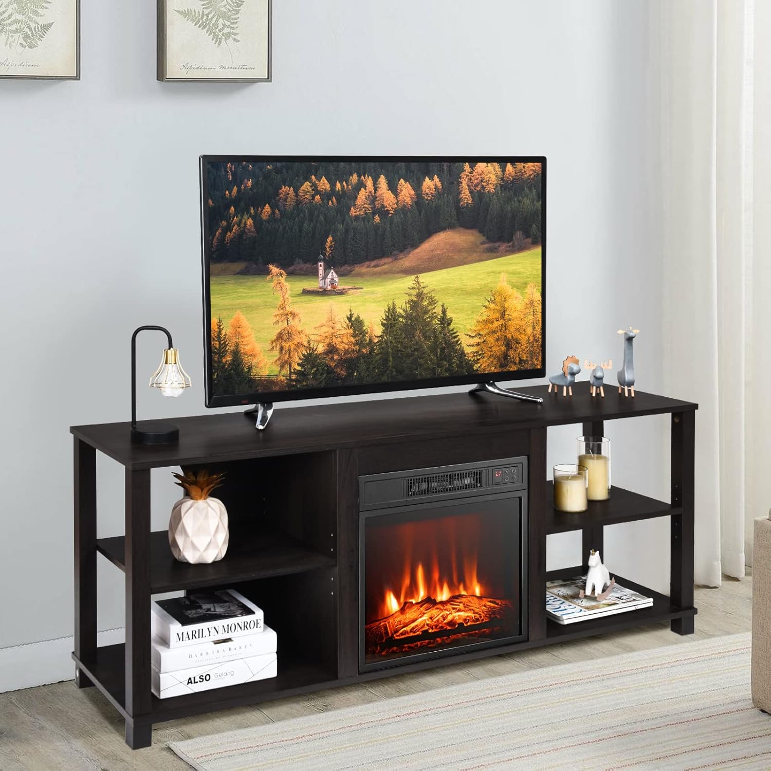 SIMOE Soporte de TV con chimenea de 59 pulgadas, soporte de TV con chimenea...