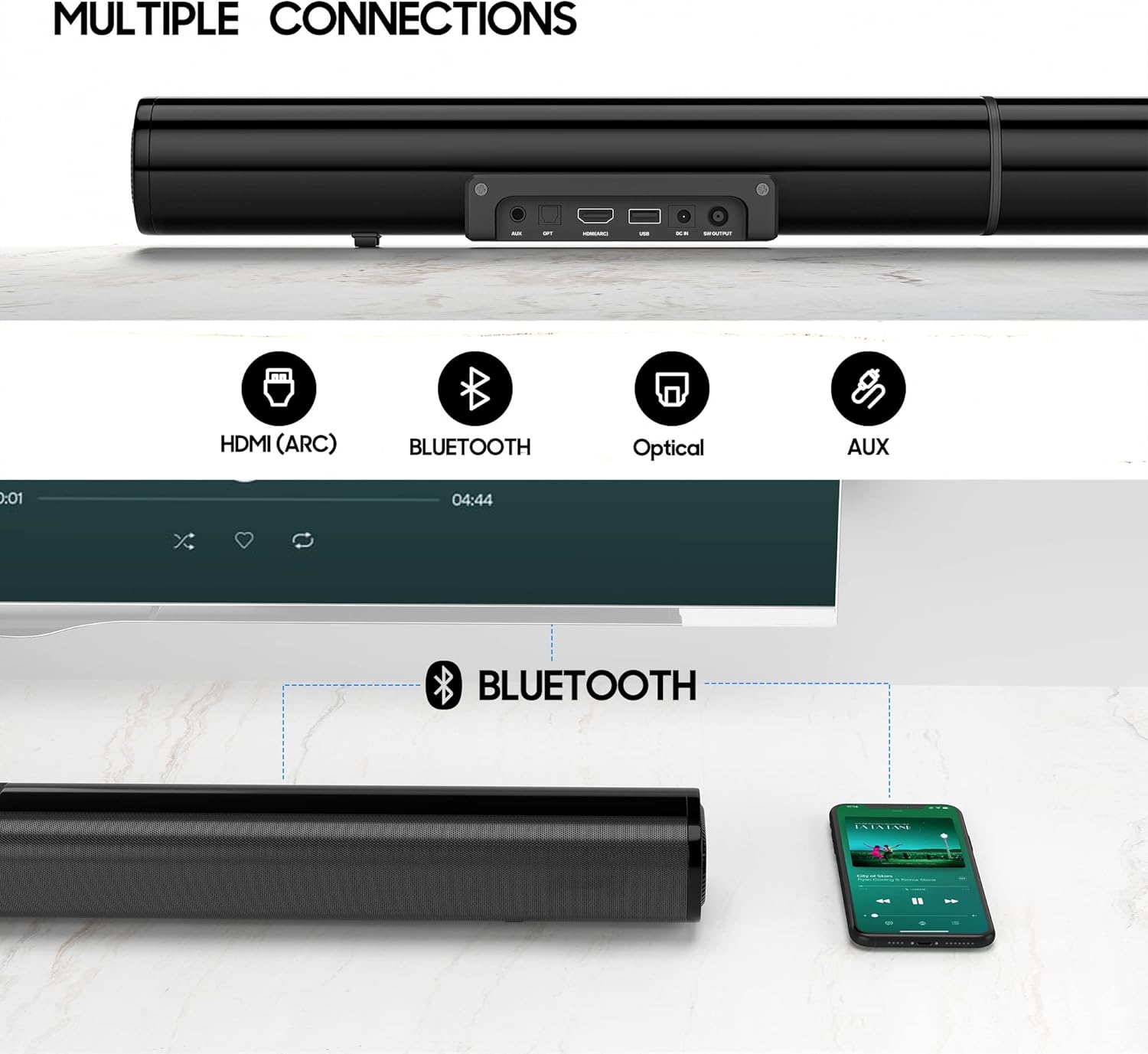 Barra de sonido para TV, barra de sonido PHEANOO 2.1 CH con subwoofer, HDMI...