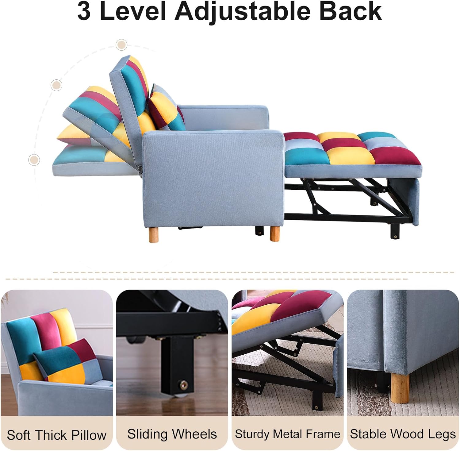 Sofá cama convertible 3 en 1, silla reclinable de tela de terciopelo para...
