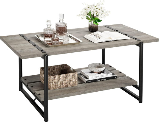 Towallmark Mesa auxiliar de madera de 2 niveles, mesa de centro de granja con...