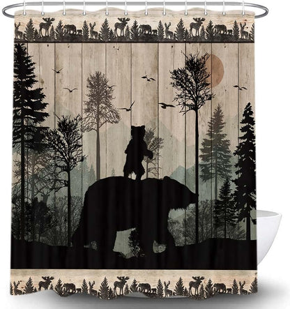 Juego de cortinas de ducha de oso rústico, diseño de bosque y bosque, caza,